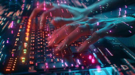 Wall Mural - Close-up of hands typing on a glowing RGB mechanical keyboard with digital data overlays, highlighting tech and innovation.