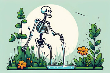 Wall Mural - funny illustration of a skeleton watering flowers plant in the garden, nature background, eco energy concept