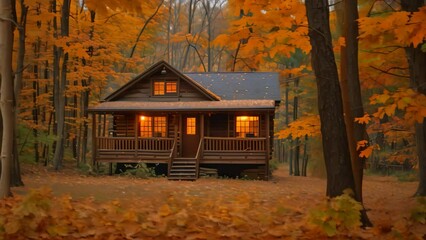 Canvas Print - A cabin nestled amidst a carpet of fall leaves in the woods, A cozy cabin tucked away in the changing leaves