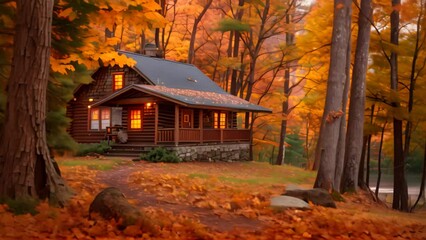 Wall Mural - A cozy log cabin nestled among trees in a woodland setting, A cozy cabin tucked away in the changing leaves