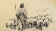 © T Studio - Biblical Illustration of Jesus as the Good Shepherd, Holding a Staff and Leading Sheep
