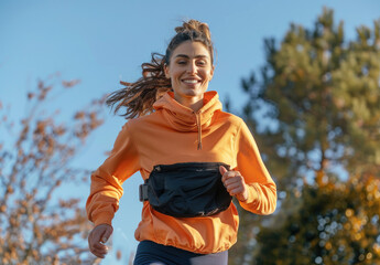 Wall Mural - A beautiful woman in her late thirties, smiling and running outdoors wearing an orange hoodie with navy blue leggings holding a fomo waist bag