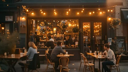 Canvas Print - People gathered at outdoor table in front of restaurant, enjoying drinks and conversation, A cozy coffee shop nestled on a bustling street corner