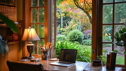 Sticker - A laptop computer is placed on top of a wooden desk in a cozy home office with a view of the backyard, A cozy home office with a view of the backyard