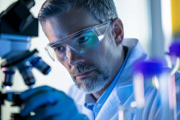 Wall Mural - male scientist with safety glasses in research lab
