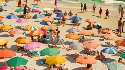 Canvas Print - A beach packed with multicolored umbrellas providing shade to visitors enjoying the sunny weather, A crowded beach dotted with colorful umbrellas and sunbathers