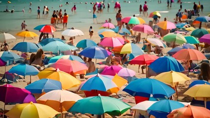 Canvas Print - Crowded beach scene with many people under colorful umbrellas enjoying the sun and sand, A crowded beach dotted with colorful umbrellas and sunbathers