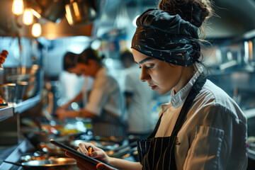 Wall Mural - A female chef in uniform writing on a digital tablet while standing near a stove. Kitchen staff are working behind her in the restaurant.