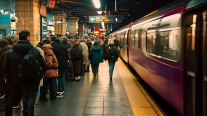 Wall Mural - A diverse group of commuters stands on a crowded platform next to a stationary train, A crowded subway platform with commuters rushing to catch their train