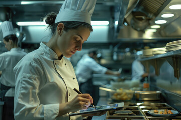 Wall Mural - A female chef in uniform writing on a digital tablet while standing near a stove. Kitchen staff are working behind her in the restaurant.