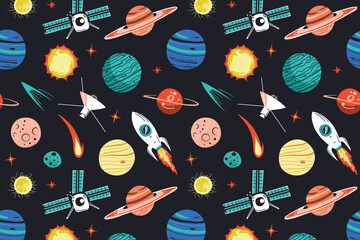 Outer space seamless pattern, planets and spaceship doodles, colored ornament of comets, satellites icons, vector illustrations of cosmic objects on dark background, astronomy colored pattern