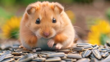 Wall Mural - A brown hamster is perched on a mound of sunflower seeds, curious and alert, A curious hamster investigating a pile of sunflower seeds