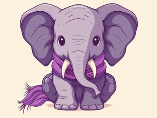 Cute cartoon baby elephant with big ears and wrapped in a purple scarf, perfect for children's illustrations and fun designs.