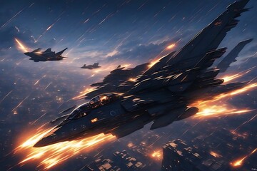 A dramatic aerial dogfight between rival fighter pilots in the skies above a war-torn city, with missiles streaking through the clouds and tracer fire lighting up the night