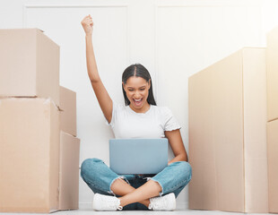 Poster - Laptop, moving or woman packing with fist up and boxes in new home for celebration or real estate shopping. Smile , female person and technology for internet research and realtor communication