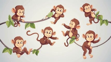 Wall Mural - An isolated monkey hanging on a vine in modern format, in EPS