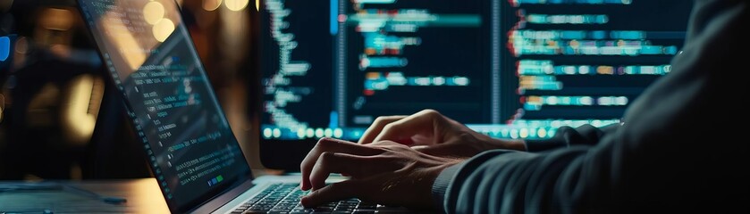 Close-up of a person coding on a laptop with multiple screens displaying code. Technology and software development concept.