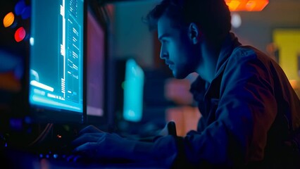 Poster - A man is focused on his computer screen, analyzing data and searching for signs of malicious activity, A cyber threat hunter searching for signs of malicious activity