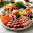 © Qaisara - a mixed sushi platter, evoking raw sashimi, presented in a colorful arrangement, well decorated and deliciously appetizing