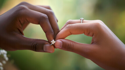 Wall Mural - A close-up image showcasing two hands gently holding a precious engagement ring with a natural blurred background