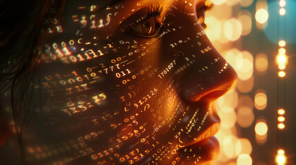 A close-up of a woman's face is projected onto a screen with lots of numbers and symbols. The concept of technology and artificial intelligence