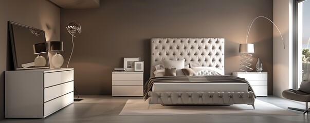 A contemporary bedroom with walls in a muted