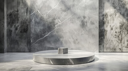 Wall Mural - An exquisite 3D rendering of a limelight marble wall, highlighting a gray podium with geometric designs