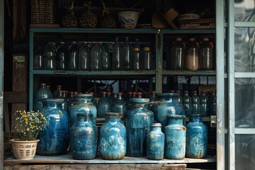 Rustic shop display of blue ceramic jars and glass containers, creating a vintage and traditional aesthetic in a cozy setting.