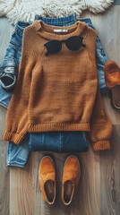 Wall Mural - A woman's outfit is laid out on a table, including a sweater, jeans