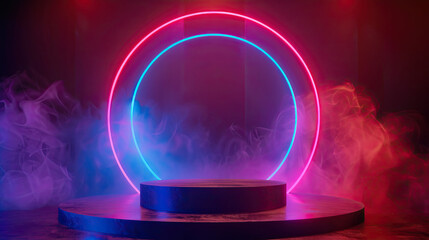 Sticker - Podium neon light. Abstract background with round portal, red blue spectrum, vibrant colors