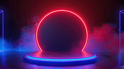 Sticker - Podium neon light. Abstract background with round portal, red blue spectrum, vibrant colors