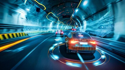 Wall Mural - Self driving vehicles in an underground tunnel. Concept of integration of Ai technology in traffic control.