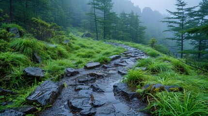 Wall Mural - A meditative moment on a rain soaked mountain path the mist and rain blending together to create a serene landscape