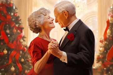 An elderly couple dances cheek to cheek in the living room, lost in each other's embrace as they celebrate Christmas with timeless elegance and grace