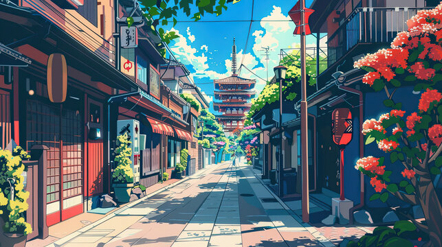 Vivid colorful illustrations of A japanese city 
