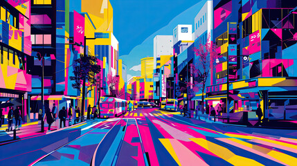 Wall Mural - Vivid colorful illustrations of A japanese city 
