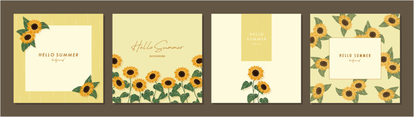 Wall Mural - ひまわり ヒマワリ 夏 sunflower 素材セット フレーム 背景 ベクターイラスト シンプル おしゃれ