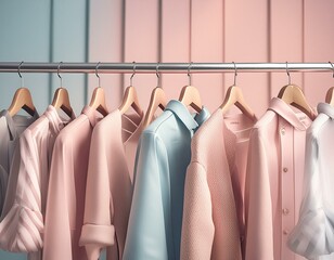 fancy clothes on a clothing rack in a fashion store; pastel colors; vector look
