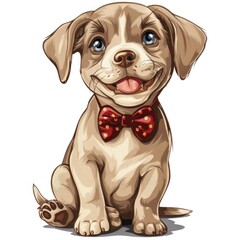 Wall Mural - A cute dog with a red bowtie is sitting on a white background