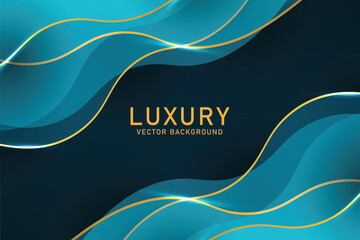 Wall Mural - Luxury blue background with curved glowing blue and golden line