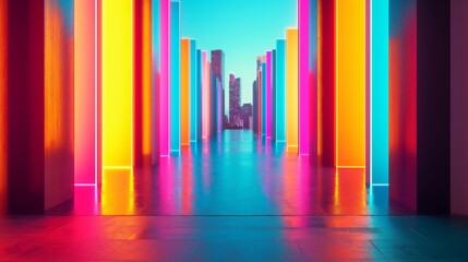 Vibrant urban art installation with neon lights creating a colorful futuristic corridor in a cityscape. Modern digital art concept.