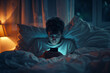 © lashkhidzetim - A man is lying in bed and looking at his phone. The room is dimly lit, and the man is focused on his phone. Scene is somewhat lonely and introspective