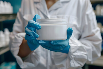 Factory worker in gloves and gown holding plastic bottle for face or body cream. Beauty skincare business.