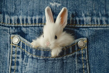 Wall Mural - A cute white bunny with long ears peeking out of the pocket, embroidered on blue denim fabric, cute and adorable