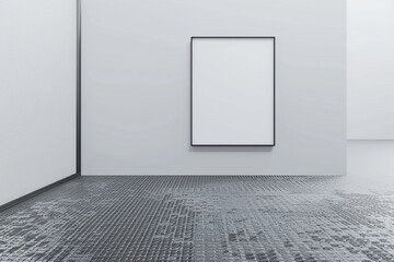 High-quality mockup of a blank frame in an empty room with a white wall and a rubber floor. 3D render in ultra HD.