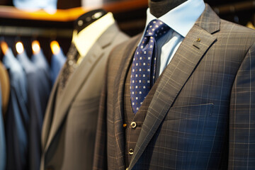 Wall Mural - A man's suit is on display in a store. The suit is gray and blue, and the tie is blue with white dots