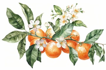 Canvas Print - A graceful watercolor painting showcasing a branch of ripe oranges surrounded by vibrant green leaves and delicate blossoms