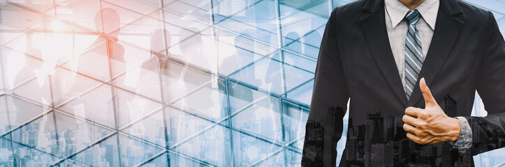 Wall Mural - double exposure image of success business people on abstract modern city background. future business