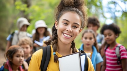 Young Camp Counselor Holding a Book Outdoors with Diverse Group of Kids