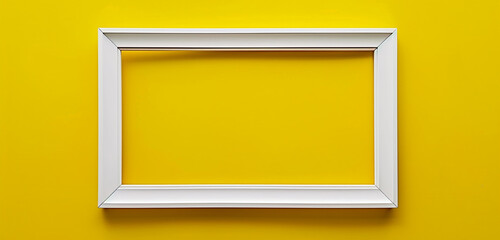 White frame for paintings or photographs on primrose yellow background, abstract gallery style,